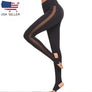 Women Mesh Side Strip See Through Sport Leggings Wide Waistband Insert Stirrup