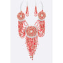 DIONA J SEED BEADS MEDALLION STATEMENT NECKLACE SET COLOR CORAL