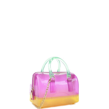 DIONAJ TRENDY JELLY MULTI TONE SQUARE SHAPED HANDLE TOTE BAG COLOR PURPLE/YELLOW