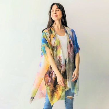 DIONA J ABSRACT WATERCOLOR PRINT KIMONO ONE SIZE COLOR YELLOW