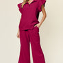 Double Take Texture Ruffle Short Sleeve Top and Drawstring Wide Leg Pants Set