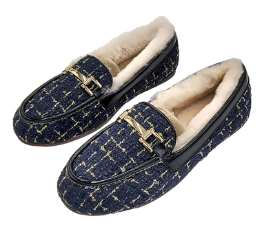 Women's Moccasin Loafer Slippers with Fur Lining – Navy Tweed Shearling Slip-On Shoes with Gold Horsebit Detail