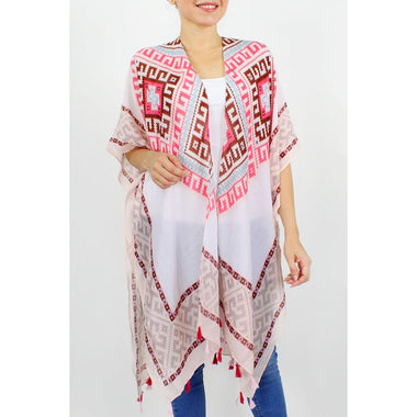 DIONA J FASHION AZTEC PATTERN TASSEL KIMONO ONE SIZE COLOR PINK