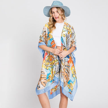 DIONA J HAND DRAWN WATERCOLOR TROPICAL LEAVES KIMONO ONE SIZE COLOR BLUE