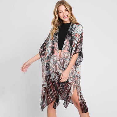 DIONA J ABSTRACT PAISLEY FLOWER PRINT KIMONO CARDIGAN ONE SIZE COLOR BLACK