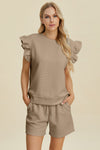 Double Take Full Size Texture Round Neck Ruffle Sleeve Top and Shorts Set