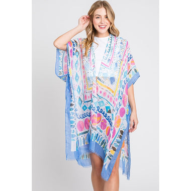 DIONA J WATERCOLOR BOHO GEOMETRIC PRINT KIMONO ONE SIZE COLOR BLUE