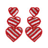 3-Tier Striped Hearts Seed Handmade Beaded Embroidery Long Drop Earrings Red