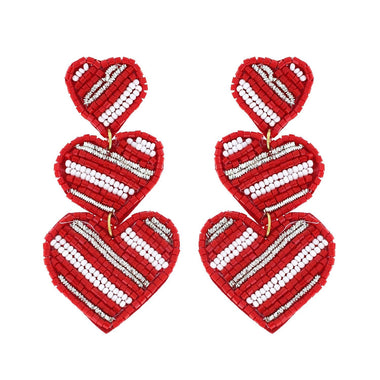 3-Tier Striped Hearts Seed Handmade Beaded Embroidery Long Drop Earrings Red