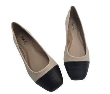 Women's Classic Ballet Beige Flat Light Faux Leather Shoes with Black Toe