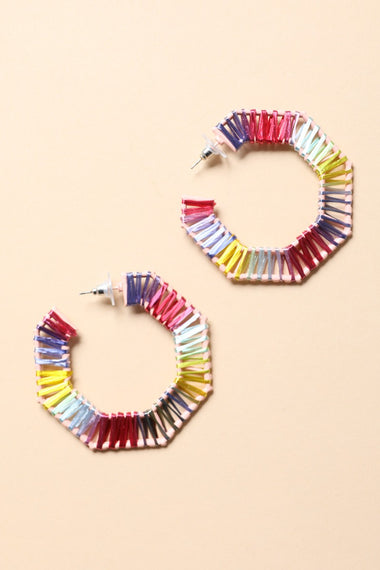 Hexagon Raffia Hoop Earrings - Colorful Design
