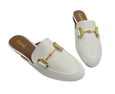 Women's Low Heel Leather Mules – Slip-On Backless Flats for Girls & Ladies, Work Slides, Classic Ballet Flats, Light Faux Leather Sandals with Gold Buckle