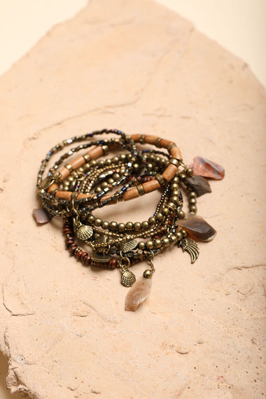 Stone & Bead Layered Charm Bracelet Set