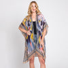 DIONA J GEOMETRIC TRIM TIE DYE PRINT KIMONO CARDIGAN ONE SIZE COLOR NAVY
