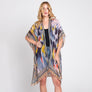 DIONA J GEOMETRIC TRIM TIE DYE PRINT KIMONO CARDIGAN ONE SIZE COLOR NAVY