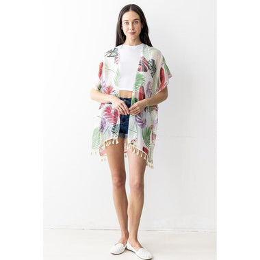 DIONA J MESH TASSEL TROPICAL PRINT SHORT KIMONO ONE SIZE COLOR WHITE