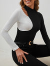 Cutout Contrast Mock Neck Long Sleeve T-Shirt