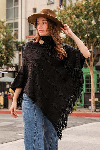 Button Neck Fringe Poncho