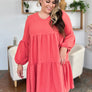 Double Take Full Size V-Neck Balloon Sleeve Tiered Dress with Pockets