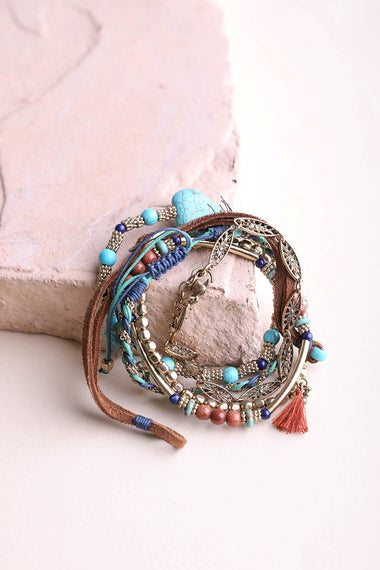 Turquoise Stackable Suede Bracelet With Beads