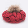 EMMEZ Cable Knit Natural Raccoon Fur Pom Beret
