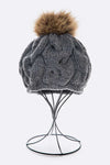 EMMEZ Cable Knit Natural Raccoon Fur Pom Beret