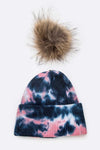 Tie Dyed Natural Natural Genuine Fur Pom Beanie