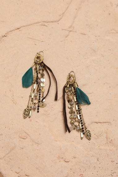 Green Feather Chain Long Statement Earrings