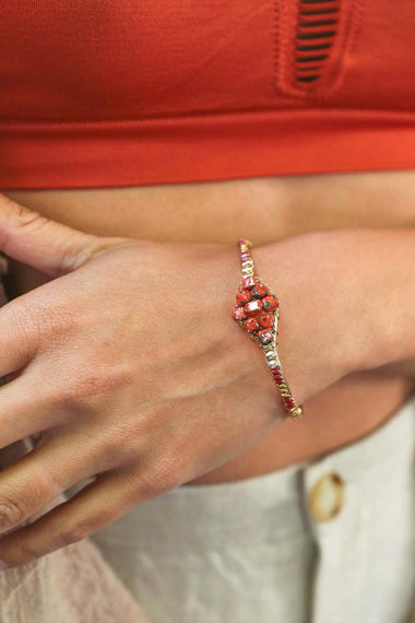 Rust Beaded Cuff Bracelet - Adjustable Gold Design