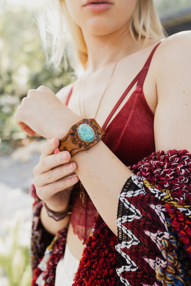 Camel Leather Cuff Bracelet W/ Turquoise Stone