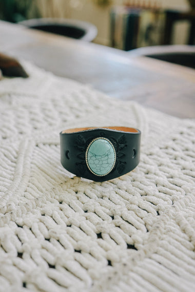 Engraved Black Leather Cuff Bracelet - Bold