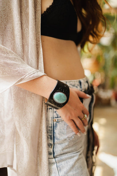 Black Leather Cuff With Turquoise Stone Accent