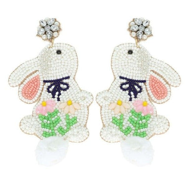 Diona J Cotton Ball Tail Easter Rabbit Seed Beaded Earrings White