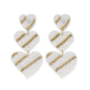 3-Tier Striped Hearts Seed Bead Handmade Beaded Embroidery Long Drop Earrings in Gold Tone Metal