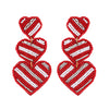 3-Tier Striped Hearts Seed Bead Handmade Beaded Embroidery Long Drop Earrings in Gold Tone Metal