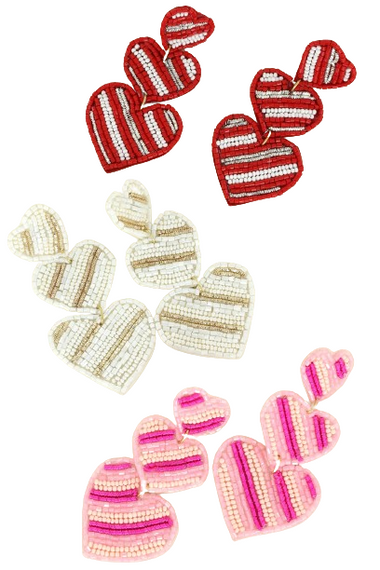 3-Tier Striped Hearts Seed Bead Handmade Beaded Embroidery Long Drop Earrings in Gold Tone Metal