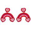 2-Tier Heart Rainbow Seed Bead Handmade Beaded Dangle and Drop Valentine Earrings in Gold Tone Metal