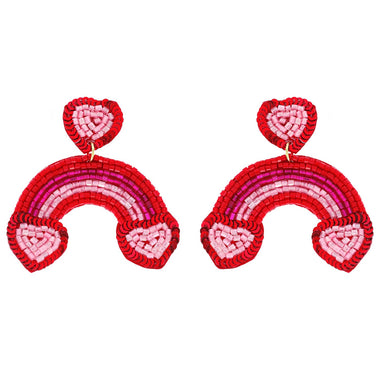 2-Tier Heart Rainbow Seed Bead Handmade Beaded Dangle and Drop Valentine Earrings in Gold Tone Metal