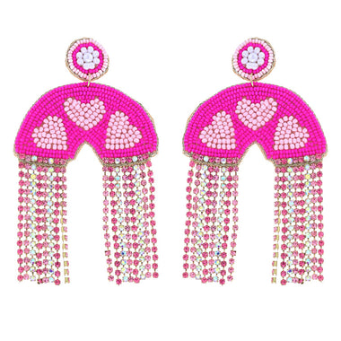 2-Tier Jeweled Tassel Heart Rainbow Seed Bead Handmade Beaded Embroidery Long Drop Valentine Earrings in Gold Tone Metal