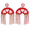 2-Tier Jeweled Tassel Heart Rainbow Seed Bead Handmade Beaded Embroidery Long Drop Valentine Earrings in Gold Tone Metal