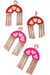 2-Tier Jeweled Tassel Heart Rainbow Seed Bead Handmade Beaded Embroidery Long Drop Valentine Earrings in Gold Tone Metal