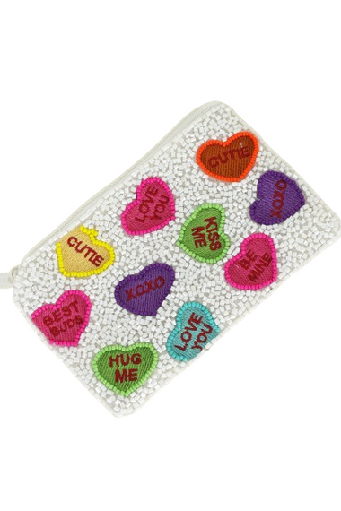 Coversation Hearts Seed Bead Handmade Beaded ZIpper Valentines Day Coin Bag Valenttine Gift For Her