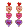 3-Tier Conversation Hearts Seed Bead Handmade Beaded Embroidery Jeweled Long Drop Earrings in Gold Tone Metal