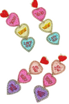 3-Tier Conversation Hearts Seed Bead Handmade Beaded Embroidery Jeweled Long Drop Earrings in Gold Tone Metal