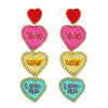 3-Tier Conversation Hearts Seed Bead Handmade Beaded Embroidery Jeweled Long Drop Earrings in Gold Tone Metal