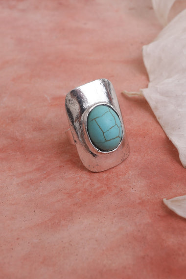 Stylish Adjustable Silver Ring With Turquoise Gem