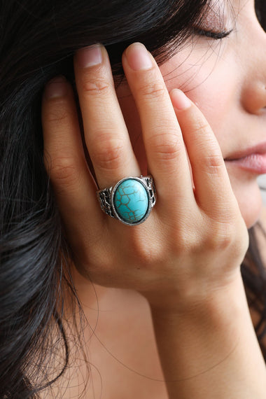 Oval Cut Adjustable Turquoise Ring - Boho Style