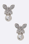 Cubic Zirconia Small Butterfly Pearl Stud Earrings