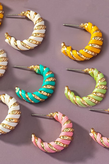 Leather cord wrapped texture hoop earrings