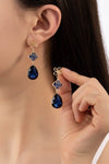 3 tier flower and royal blue linear drop earrings